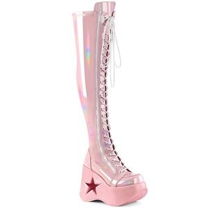 [NWT] Demonia Cult Platform Star Wedge Gothic Lace Up Thigh High Boots